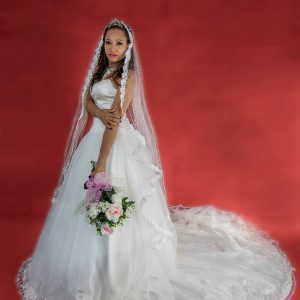 Vestido blanco corte princesa de cola larga escote corazón